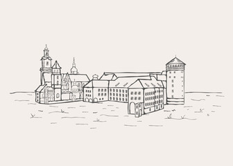 Castle Square in the old center of Warsaw, Poland. Artistic vector hand drawn linear illustration.