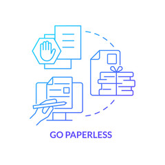 Go paperless blue gradient concept icon. Digital documents. Electronic tools. Remote work productivity tip abstract idea thin line illustration. Isolated outline drawing. Myriad Pro-Bold font used