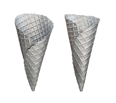 Silver waffle cone in two versions on a white background, 3d render