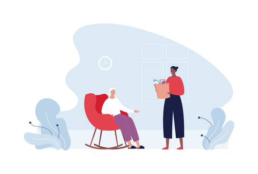 Volunteering And Humanitarian Aid For Old Concept. Vector Flat People Character Illustration. Senior Adult Woman Sitting In Rocking Chair And African Female Caregiver Volunteer Give Food Box.