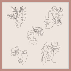 Women Face Abstract line art design with flower for coloring book