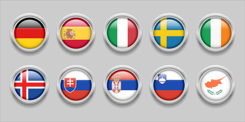 Europe Round Flags Set Collection 3D round flag, badge flag, Cyprus, Ireland, Slovakia, Iceland, Slovenia, Serbia, Italy, Spain, Germany, Sweden