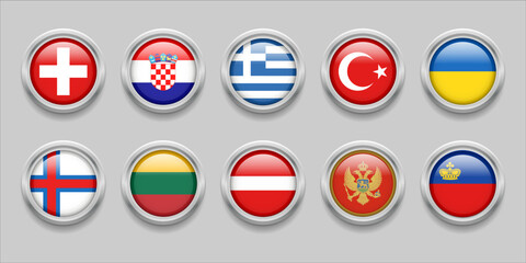 Europe Round Flags Set Collection 3D round flag, badge flag, Faroe Islands, Switzerland, Croatia, Turkey, Latvia, Ukraine, Liechtenstein, Lithuania, Greece, Montenegro