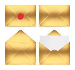 Set of gold envelopes, open, closed with red seal, 3d render