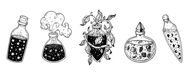 Witch's potion collection. Poison, drug, decoction sketch. Magic bottled drinks. Black and white. Hand drawn vector illustration. Witch potion vial set. Happy Halloween