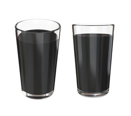 Two glass glasses with black liquid on a white background, 3d render