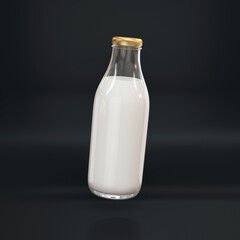 Glass bottle with milk floating on a black background, 3d render