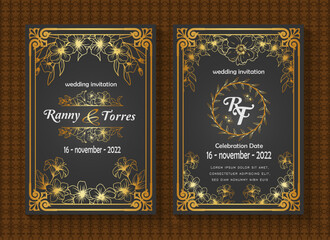 beautiful and luxurious wedding invitation card template, border pattern frame design, floral and leaf line decoration, on black background