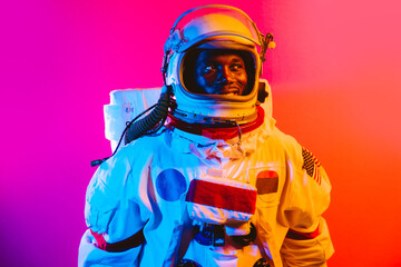 Cinematic image of an astronaut. Colorful portrait of a man with spacesuit