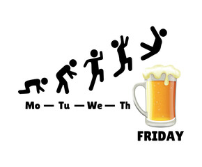 glass of beer. friday beer day. days of the week. silhouette of a man runs to beer. vector illustration. 