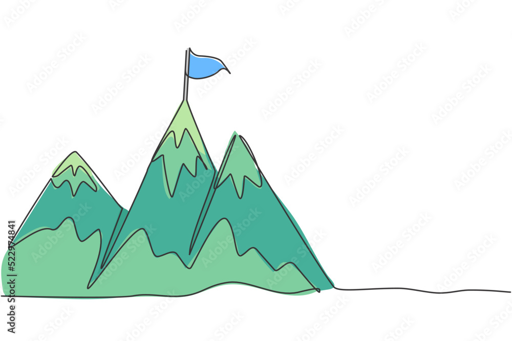 Poster single continuous line drawing mountains with target flag on the top. reaching and climbing business