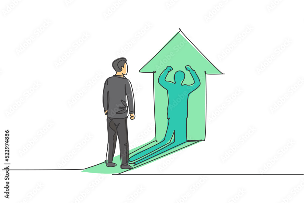 Poster single continuous line drawing of young worker pose standing and facing lifting hands up shadow. pro