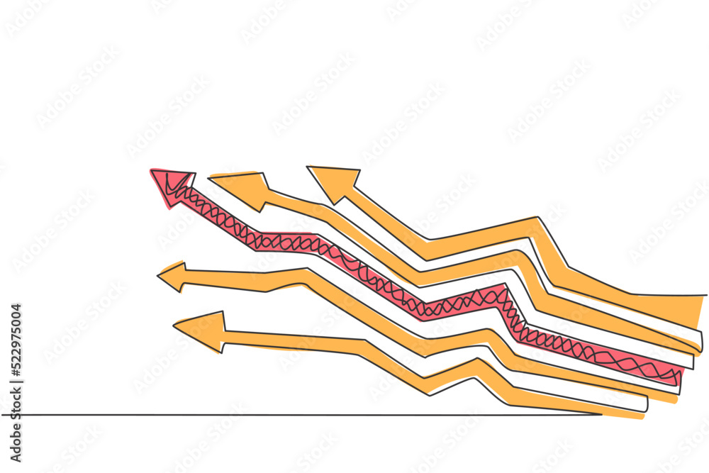 Poster continuous one line drawing of various way branch up arrow signs. paths of business strategy to incr