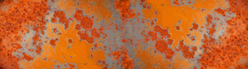 Abstract orange colored peeling rusty metal steel aged weathered wall - Grunge rust aged background panorama wide pattern