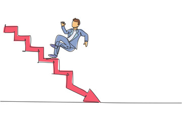 Single continuous line drawing of young business man slip down from up stairs to down floor. Broke professional businessman. Minimalism concept dynamic one line draw graphic design vector illustration