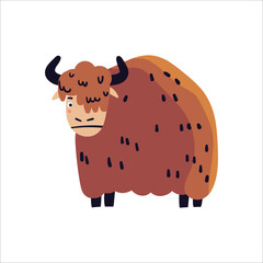 Cute brown yak vector illustration. Funny hand drawn safari character. Happy buffalo isolated on white background. Childish t shirt print design forest and savannah of Africa