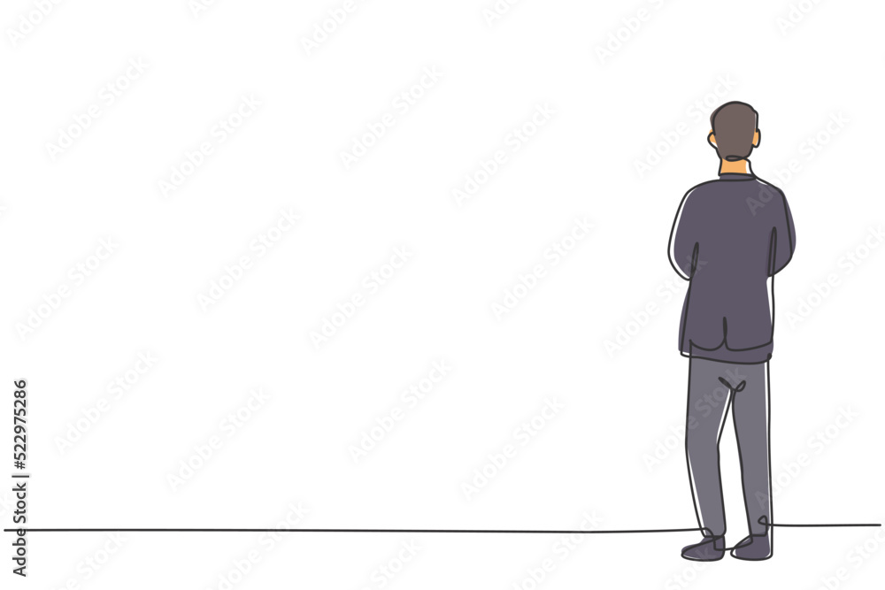 Poster single one line drawing of young smart business man standing back from rear view. business financial