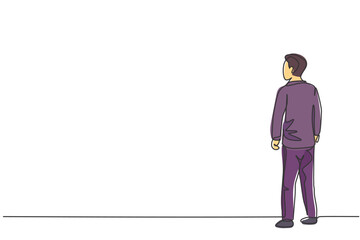 Obraz premium Single continuous line drawing of young male business manager standing back looking for hope. Professional businessman. Minimalism concept dynamic one line draw graphic design vector illustration