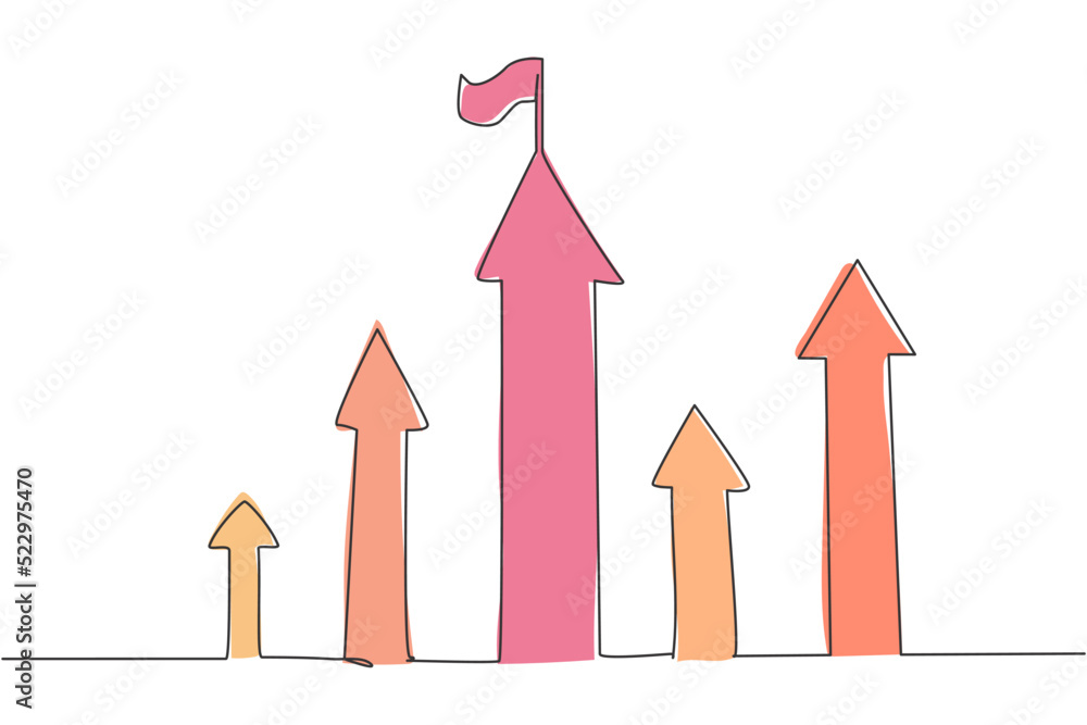 Poster continuous one line drawing of increasing up arrows sign with a flag on the top. success business go