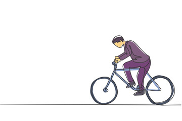Obraz premium Single continuous line drawing young male worker riding bicycle to the office. Superb professional businessman work ethic. Minimalism concept dynamic one line draw graphic design vector illustration