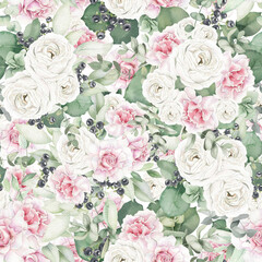 Watercolor seamless floral pattern with garden pink and white flowers, roses, leaves, eucalyptus greenery, black berries. Perfect for wallpaper, wrapping paper, fabric design, digital paper.