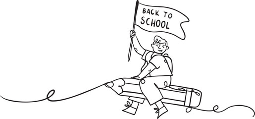 person boy or girl sitting at the pencil flying with a banner flag back to school