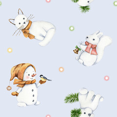 Watercolor Christmas seamless pattern. Cartoon winter characters. Cute snowman with friends, snow animals. Perfect for wallpaper, wrapping paper, fabric design, kids digital paper.