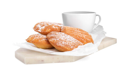 Delicious madeleine cakes with powdered sugar and tea on white background