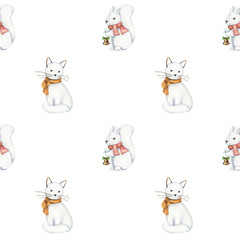 Watercolor Christmas seamless pattern. Cartoon winter characters. Cute snowman friends, snow animals. Perfect for wallpaper, wrapping paper, fabric design, kids digital paper.