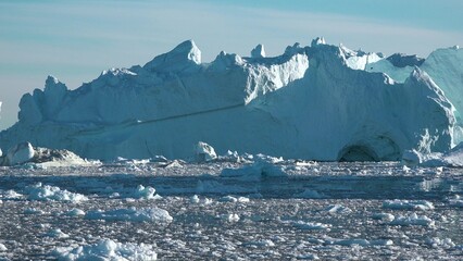Greenland. Icebergs in Disco Bay. Landscapes of polar nature.