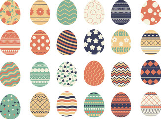 A collection of Easter eggs with various drawings. Traditional religious holiday celebration. Orthodox easter food collection. Decorated chicken eggs isolated on white background