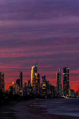 Colourful sunset skies over Surfers Paradise Gold Coast.
