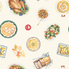 Watercolor seamless pattern. Thanksgiving Day dinner with traditional dishes stuffed turkey, pumpkin pie, baked vegetables. Holiday food, celebration table. Hand painted illustration 