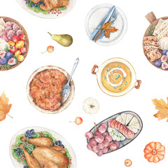 Watercolor seamless pattern. Thanksgiving Day dinner with stuffed turkey, pumpkin soup, snacks, traditional dishes. Holiday food, celebration table. Hand painted illustration 