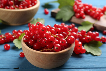 Delicious red currants on blue wooden table