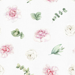 Watercolor seamless floral pattern with garden pink and white flowers, elegant roses blossom, green eucalyptus leaves. Perfect for wallpaper, wrapping paper, fabric, wedding design, digital paper.