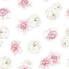 Watercolor seamless floral pattern with garden pink and white flowers, elegant roses blossom. Perfect for wallpaper, wrapping paper, fabric, wedding design