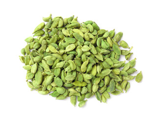 Pile of dry cardamom seeds on white background, top view