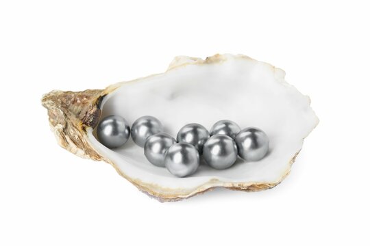 Oyster shell with black pearls on white background