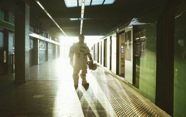 spaceman in a futuristic station. Man with space suit walking in an urban area
