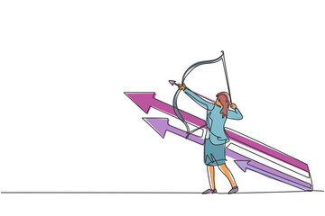 Continuous one line drawing of young female entrepreneur take an arrow bow to hit target goal. Success business strategy minimalist concept. Trendy single line draw design vector graphic illustration