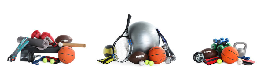 Set with different sports equipment on white background. Banner design