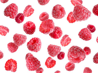 Delicious ripe raspberries flying on white background