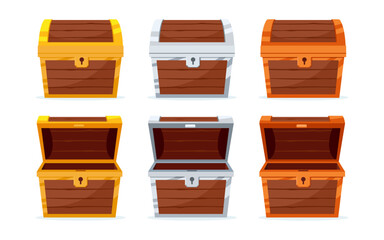 Open mystery wooden chest. Gold Silver Bronze Treasure on white background. Random a secret loot box concept. Vector illustration cartoon flat design.	
