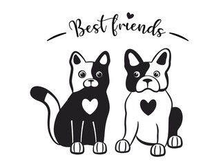 Cat and dog together are best friends. Friendship of two cute cartoon pet characters. Pair of contour french bulldog and kitty with text. Black and white vector illustration