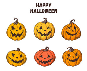 Halloween Pumpkin icons illustration. Hand drawn vector illustration. Jack o Lantern. Vintage design for the holiday Halloween. Design elements