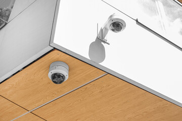 Overview of surveillance cameras on a white background. Security concept. Face recognition. Program...