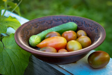 Fresh vegetables in a ceramic plate outdoor in summer