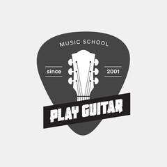 Play guitar music school logo. Guitar pick shape. Guitar headstock