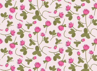 Seamless pattern with red clovers. Texture with wildflowers in cartoon style.